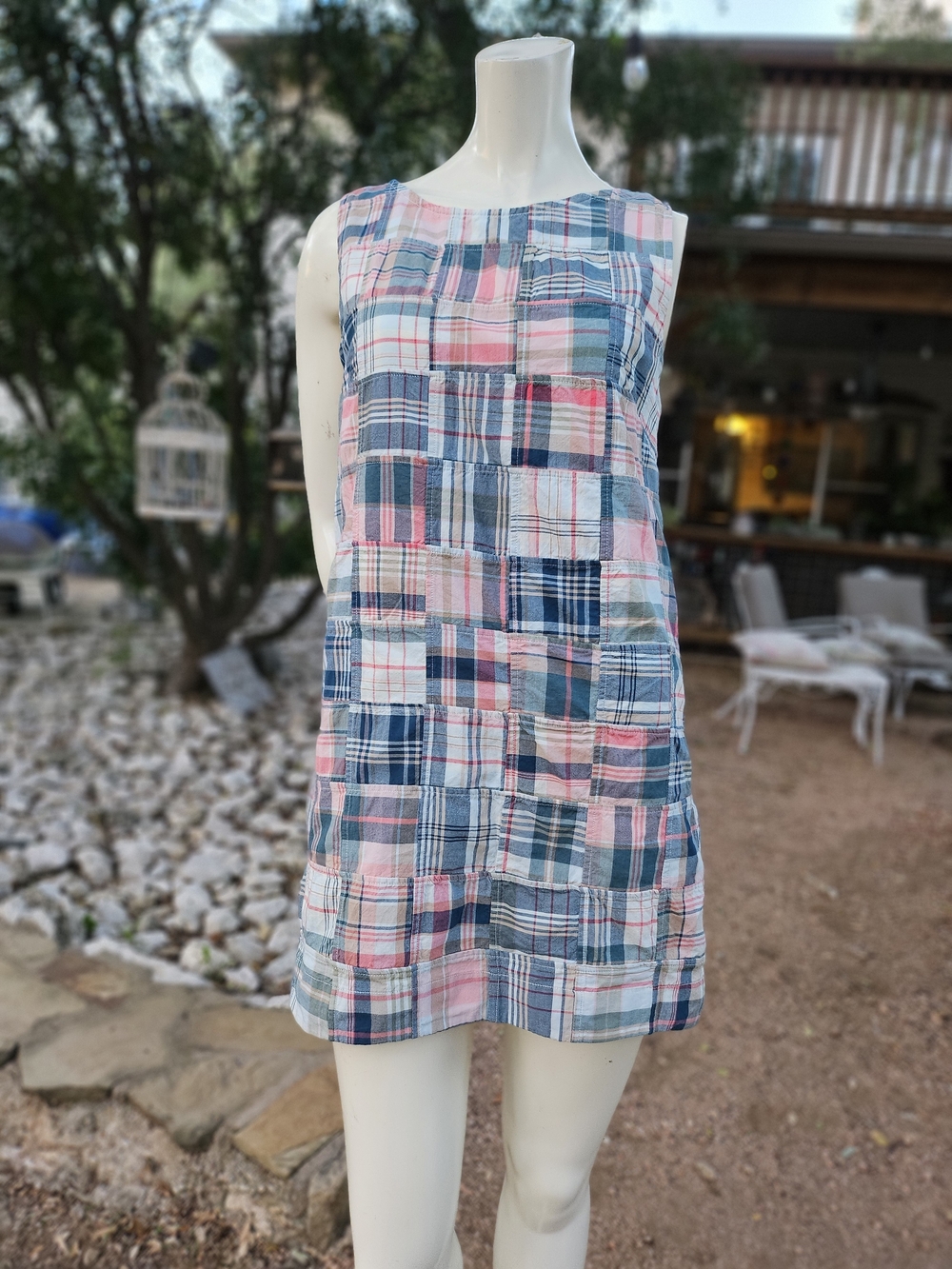 MAREA By Liz Joy Madras Patchwork Plaid Sleeveless Shift Dress - Pink & Blue S